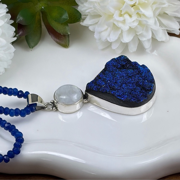 Genuine Titanium Druzy Quartz Moonstone Pendant Necklace Jewelry Set Lot 925 - Picture 6 of 11
